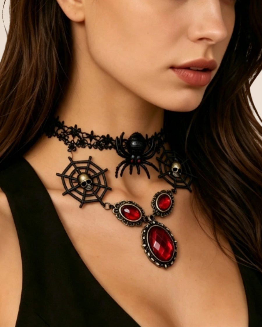 Choker en dentelle noire à araignée et pierres rouges | Confiamour