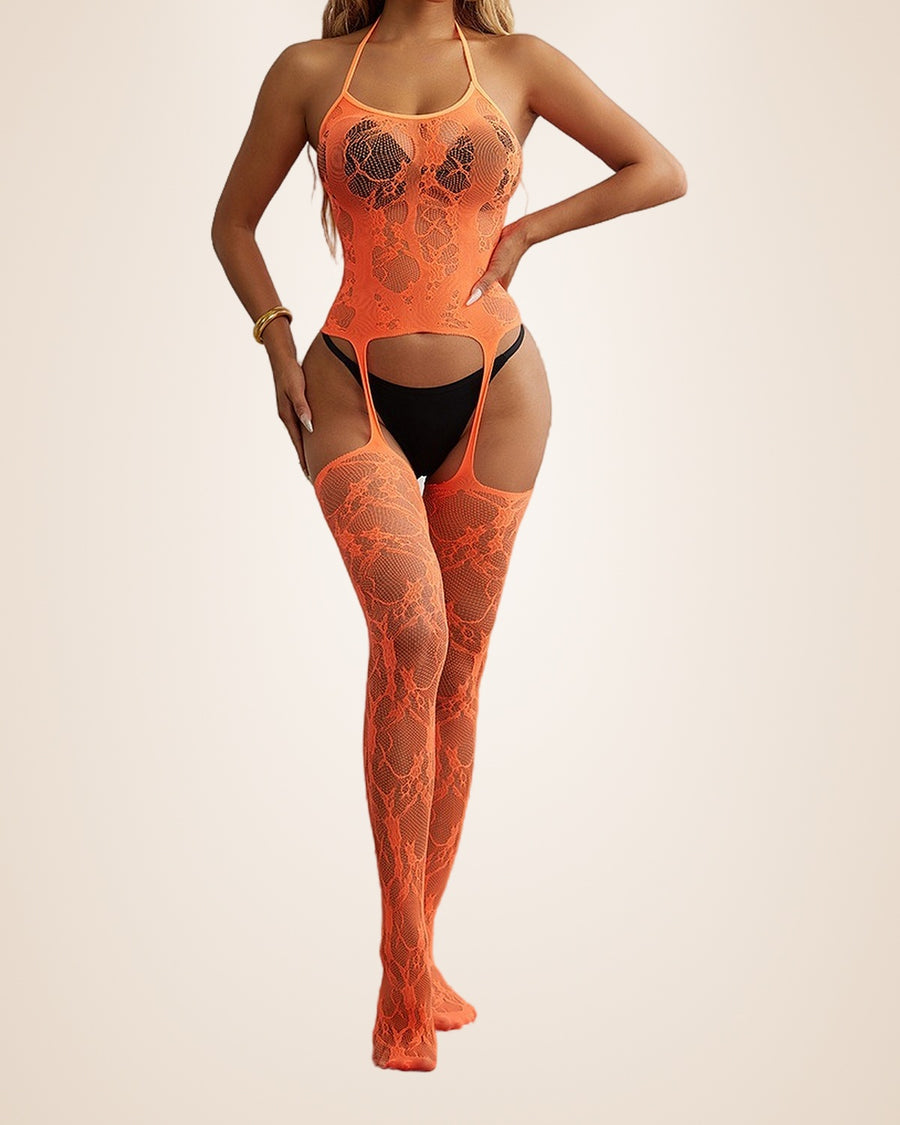 Combinaison en dentelle florale dos nu orange | Confiamour