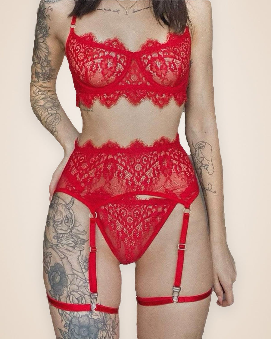 Pénélope | Ensemble porte-jarretelles en dentelle — Rouge